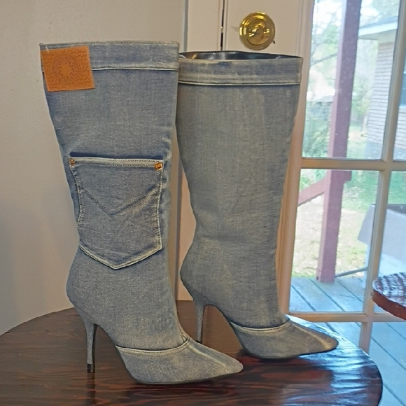 Cape Robbin Shoes - Cape Robbin Light Blue Denim Knee-High Stiletto Boots W/Pockets